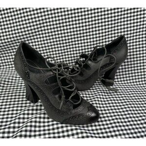 Tory Burch Lace Up Ghillie Oxford Black Leather Pumps Astrid Brogue Heel Shoe 7